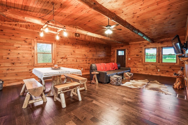 dining area featuring wood ceiling, ceiling fan, wooden walls, dark hardwood / wood-style flooring, and beamed ceiling