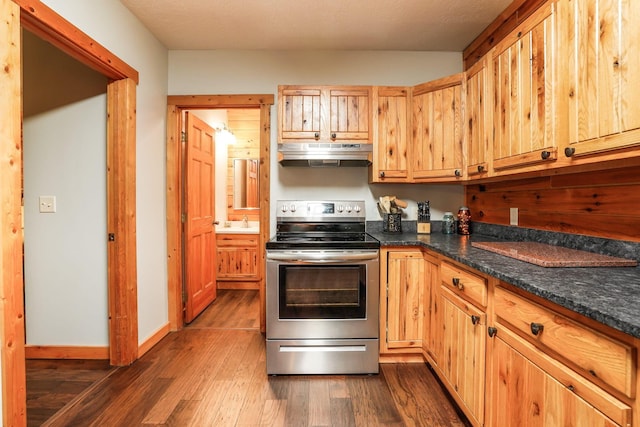 kitchen featuring electric stove, dark hardwood / wood-style floors, and dark stone countertops