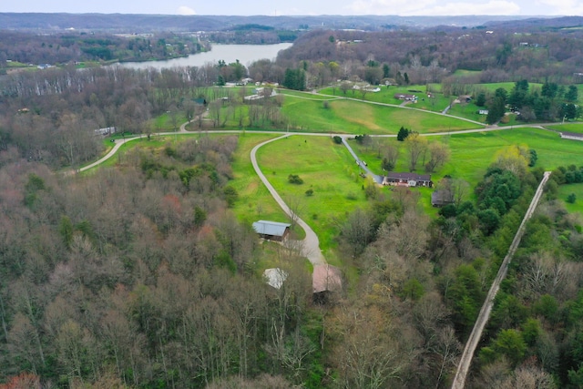 bird's eye view featuring a water view and a rural view