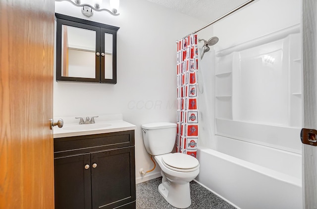 full bathroom with vanity, shower / bathtub combination with curtain, a textured ceiling, and toilet