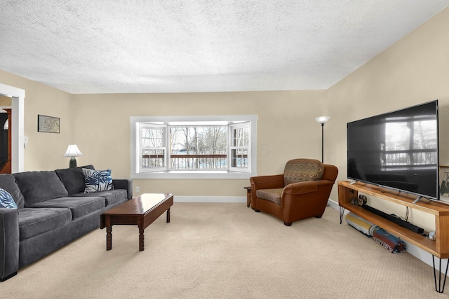 carpeted living room with a textured ceiling