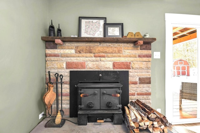 interior details with a wood stove