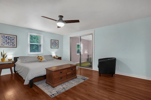 bedroom with a closet, dark hardwood / wood-style floors, and ceiling fan