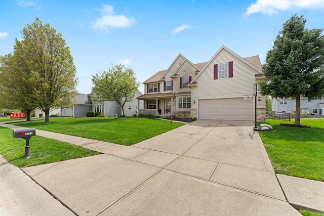 traditional-style house featuring concrete driveway, an attached garage, stone siding, and a front lawn