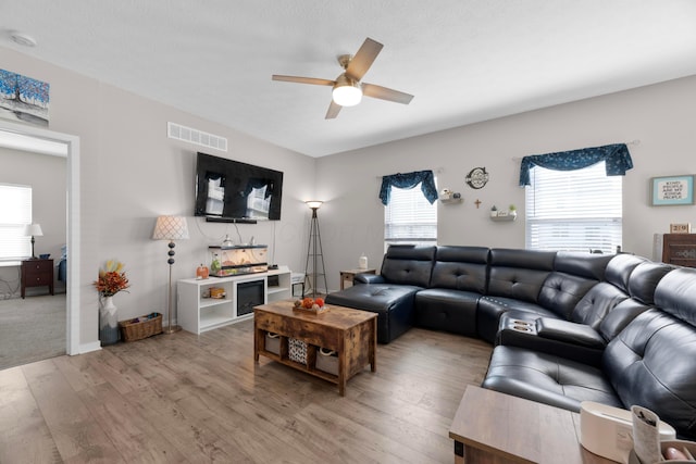 living room featuring ceiling fan and hardwood / wood-style floors