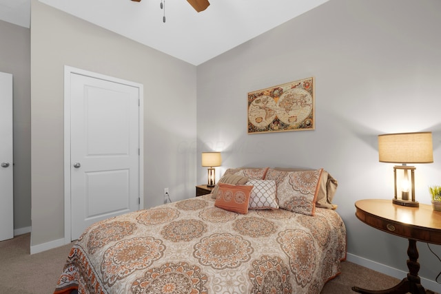 bedroom with ceiling fan and carpet flooring