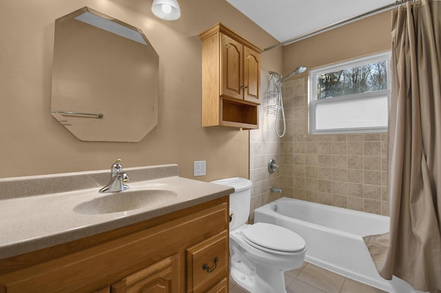 full bathroom with shower / bath combination with curtain, tile patterned floors, toilet, and vanity