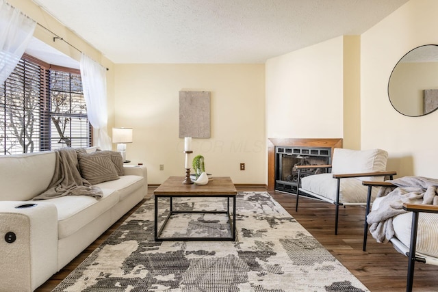 living room featuring hardwood / wood-style flooring and a textured ceiling