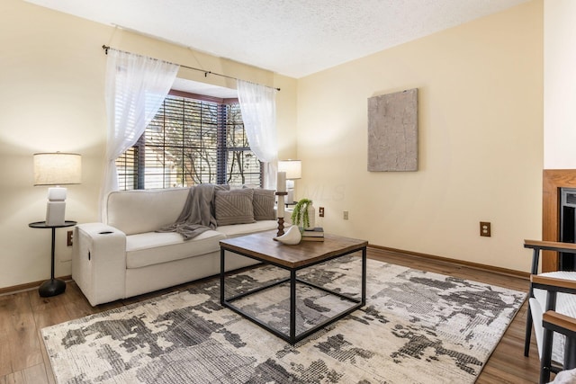 living room with wood-type flooring and a textured ceiling