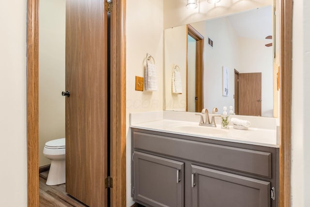 bathroom with vanity, toilet, and wood-type flooring