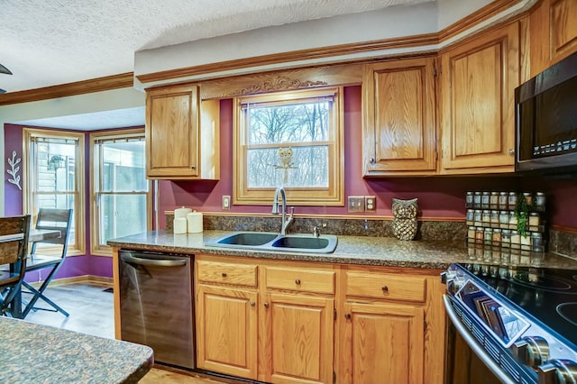 kitchen featuring sink, a textured ceiling, ornamental molding, dishwasher, and range with electric cooktop