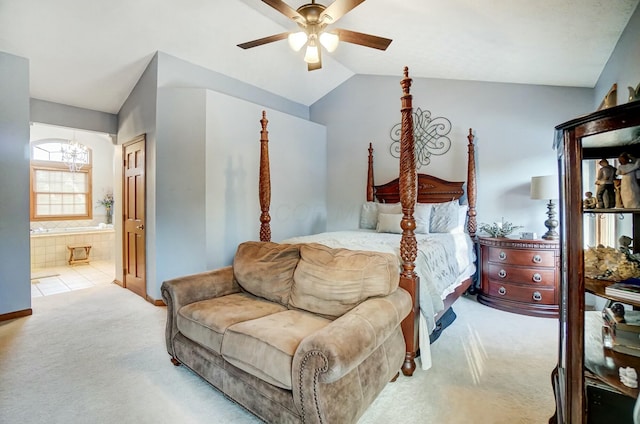 bedroom with lofted ceiling, connected bathroom, ceiling fan with notable chandelier, and carpet