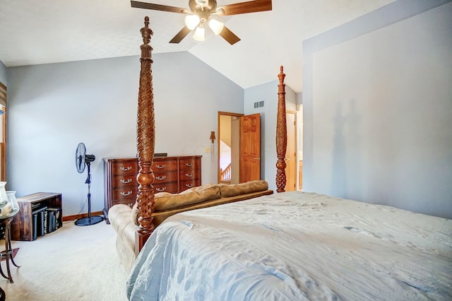 carpeted bedroom with lofted ceiling and ceiling fan