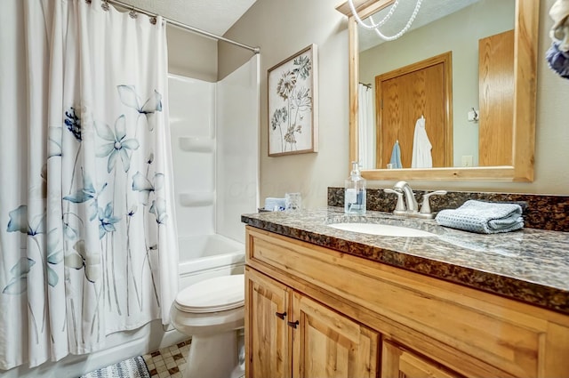 full bathroom featuring vanity, shower / tub combo with curtain, and toilet