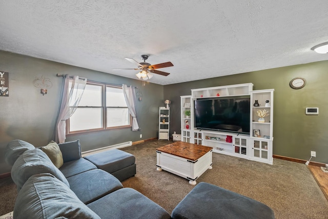 living room featuring ceiling fan, dark carpet, a textured ceiling, and baseboard heating