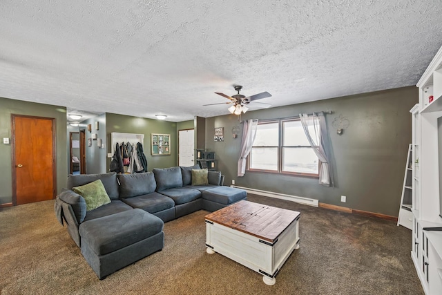 living room with dark colored carpet, a textured ceiling, and baseboard heating