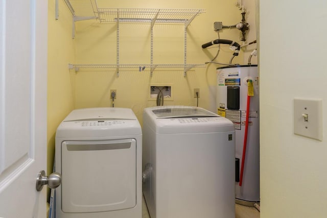 laundry area with electric water heater and washing machine and dryer