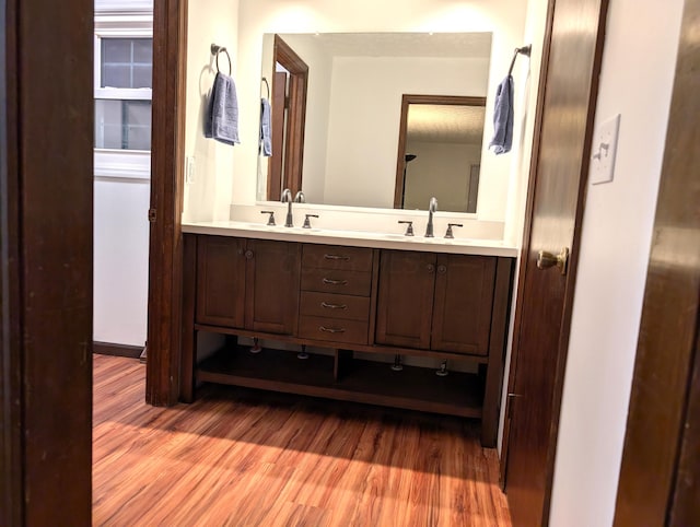 bathroom with double vanity, wood finished floors, and a sink