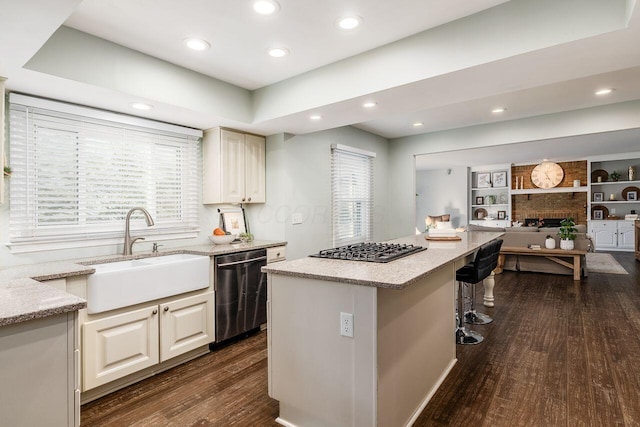 kitchen with sink, built in features, dark hardwood / wood-style floors, light stone countertops, and stainless steel dishwasher