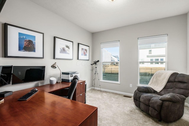 office area with light colored carpet and a textured ceiling