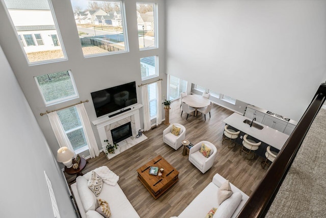 living room featuring wood-type flooring, a fireplace, and a high ceiling