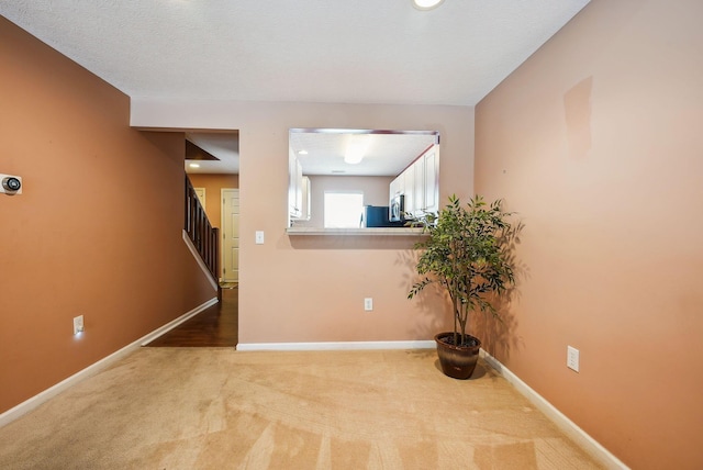 spare room featuring light colored carpet and a textured ceiling