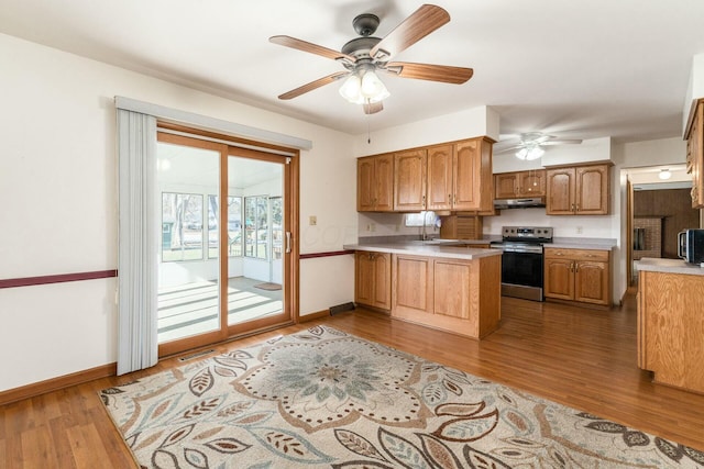 kitchen featuring sink, electric range, kitchen peninsula, ceiling fan, and light hardwood / wood-style floors