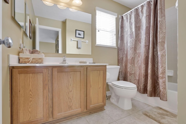 full bathroom featuring tile patterned floors, toilet, shower / bath combination with curtain, and vanity