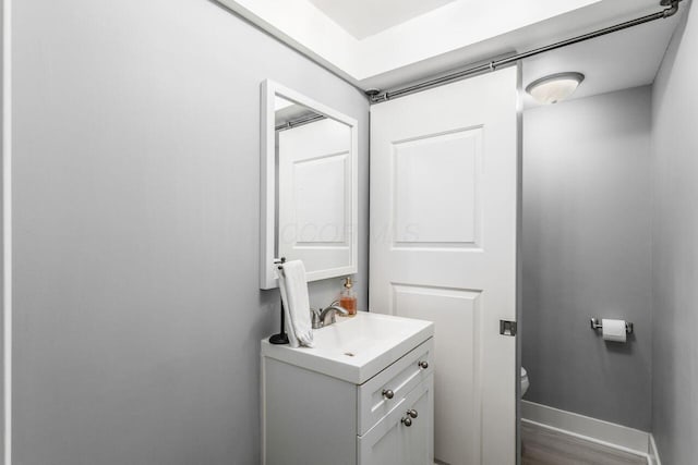 bathroom with vanity, toilet, and hardwood / wood-style floors