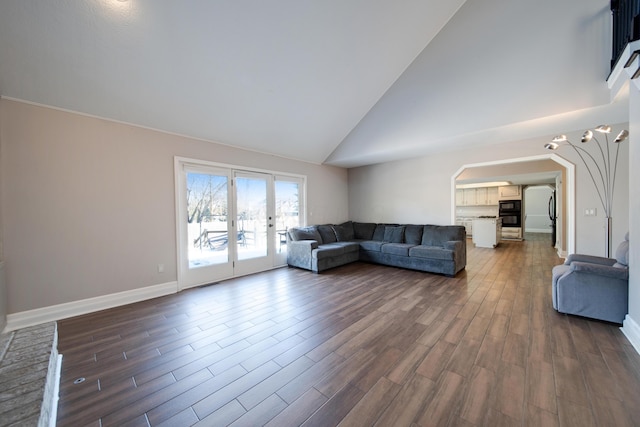 unfurnished living room featuring dark hardwood / wood-style floors and high vaulted ceiling