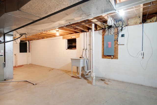 basement with sink and electric panel