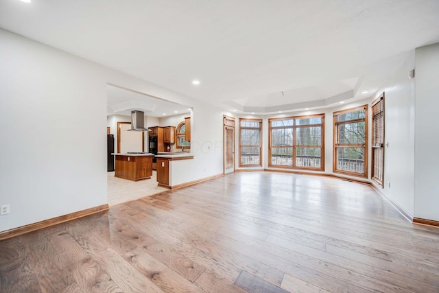 unfurnished living room with a raised ceiling and light wood-type flooring