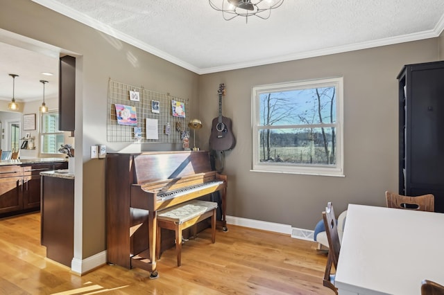 misc room with crown molding, a textured ceiling, and light wood-type flooring