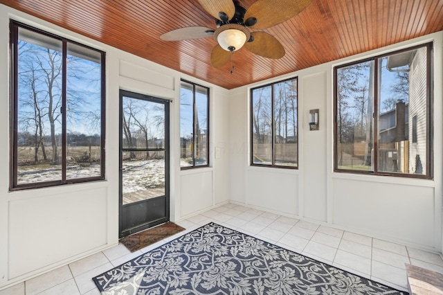 unfurnished sunroom featuring ceiling fan and wooden ceiling