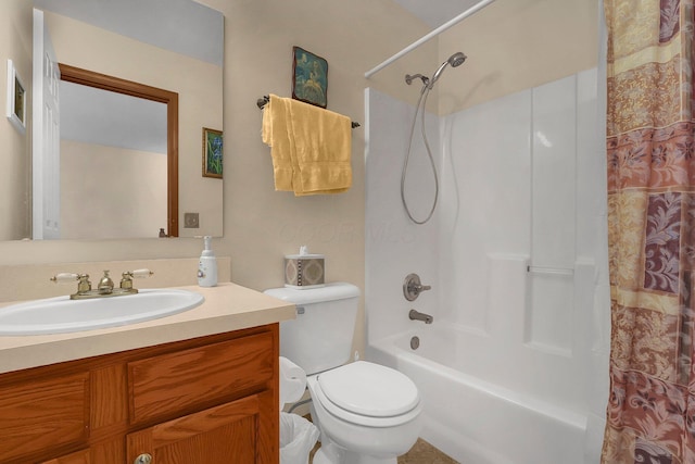 full bathroom with vanity, shower / tub combo with curtain, and toilet