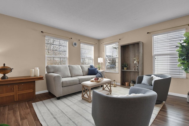 living room with wood-type flooring and a textured ceiling