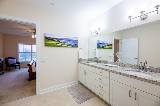 bathroom with vanity, tile patterned floors, and ceiling fan