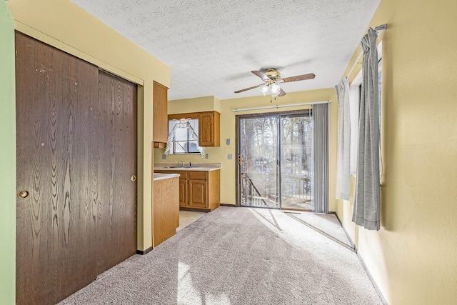 kitchen with ceiling fan, sink, light carpet, and a textured ceiling