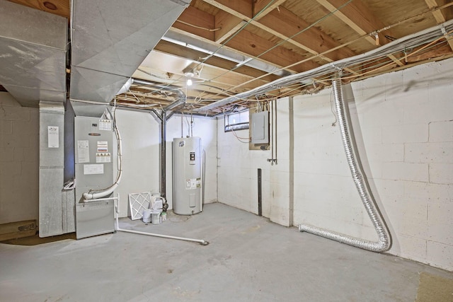 basement featuring heating unit, electric panel, and water heater