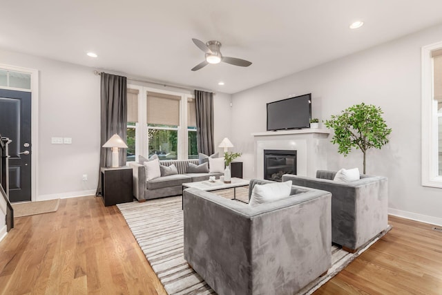 living room with ceiling fan and light wood-type flooring