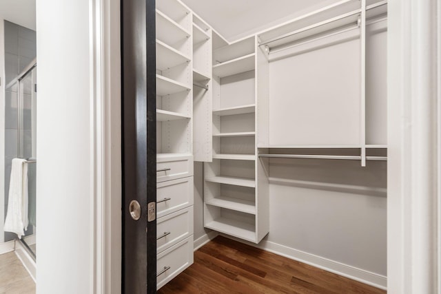 walk in closet with dark hardwood / wood-style flooring