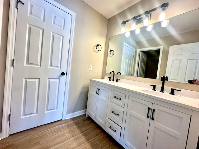 bathroom with vanity and wood-type flooring