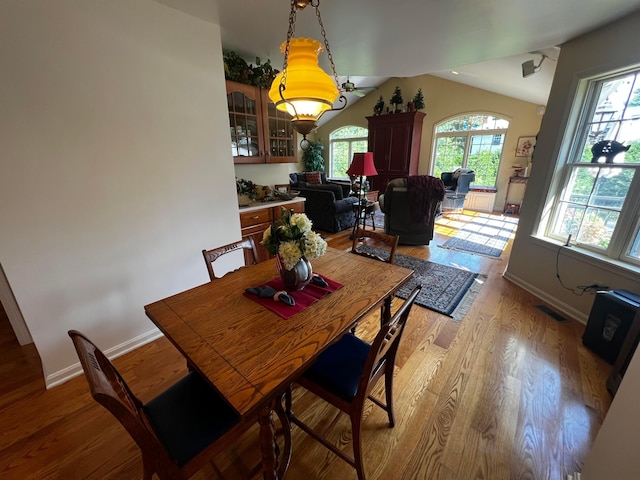 dining room featuring lofted ceiling and light hardwood / wood-style flooring