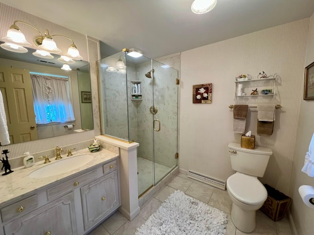 bathroom with tile patterned floors, toilet, a shower with shower door, a baseboard radiator, and vanity