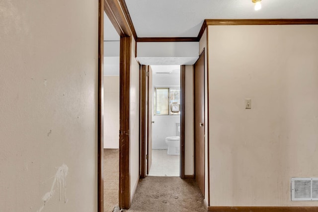 corridor with crown molding and light carpet