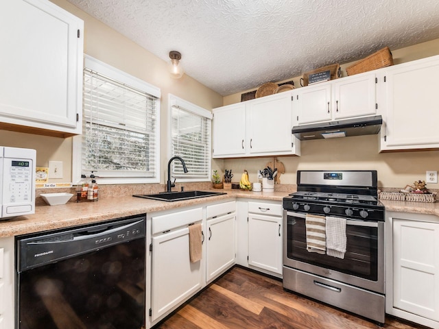 kitchen with sink, white cabinetry, black dishwasher, gas stove, and a textured ceiling