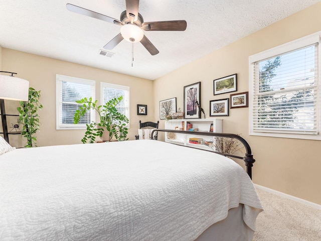 bedroom featuring multiple windows, a textured ceiling, ceiling fan, and carpet