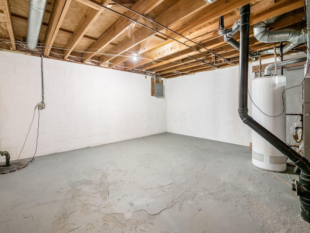 basement featuring electric panel and gas water heater