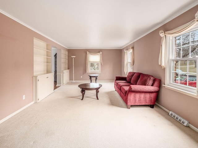 living room featuring ornamental molding, light colored carpet, and built in features