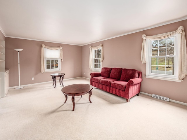 living room featuring ornamental molding and carpet